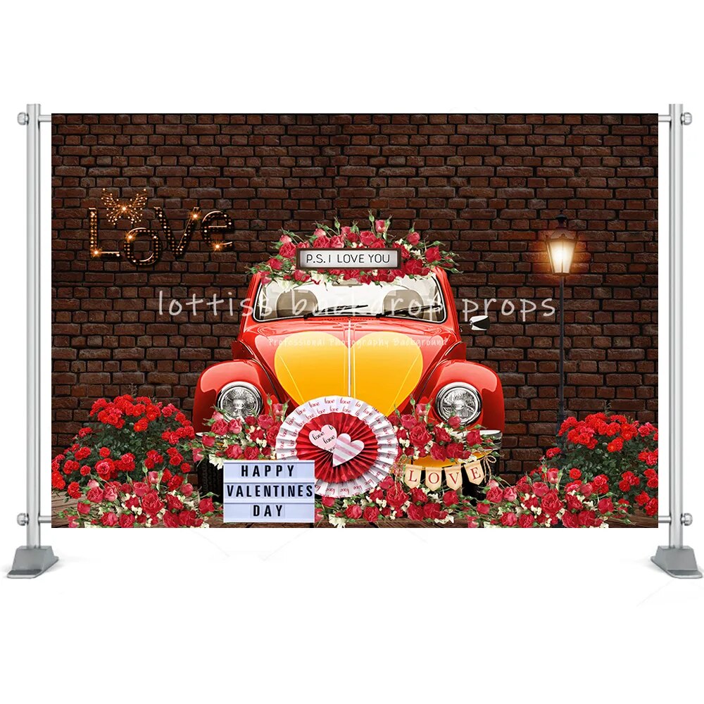 Mur de briques pour la saint-valentin, porte en bois, cœur de Rose rouge, magasin de fleurs, mur de briques, arrière-plan pour Photo, accessoires de séance Photo en Studio