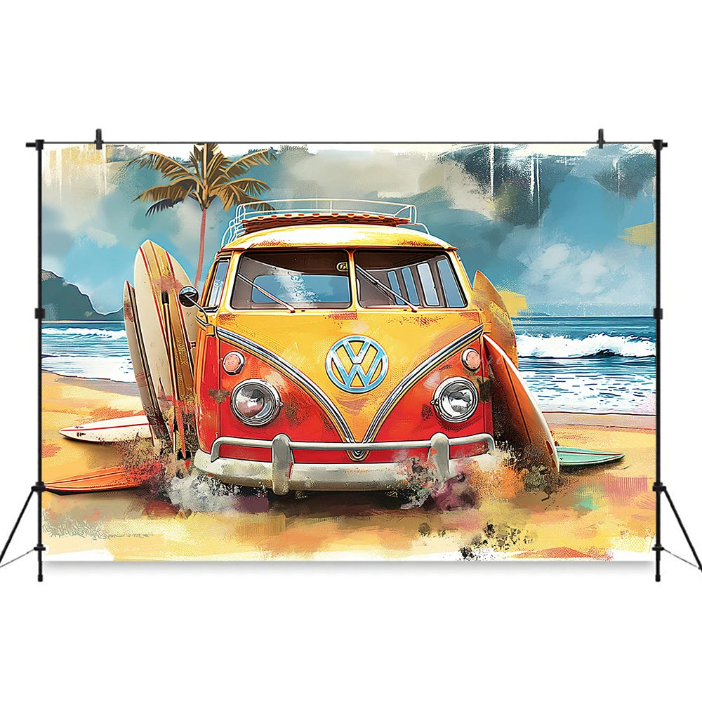 Yellow Car with Surfboard Backdrop Kids Baby Cake Smash Photography Props Summer Beach Child Adult Birthday Studio Backgrounds