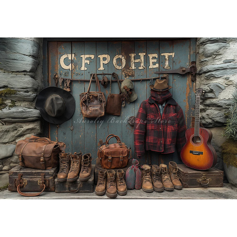 Travel Map and Guitar Photography Backdrop Kids Baby Party Decors Shoes and Bags Child Adult Photo Studio Backgrounds