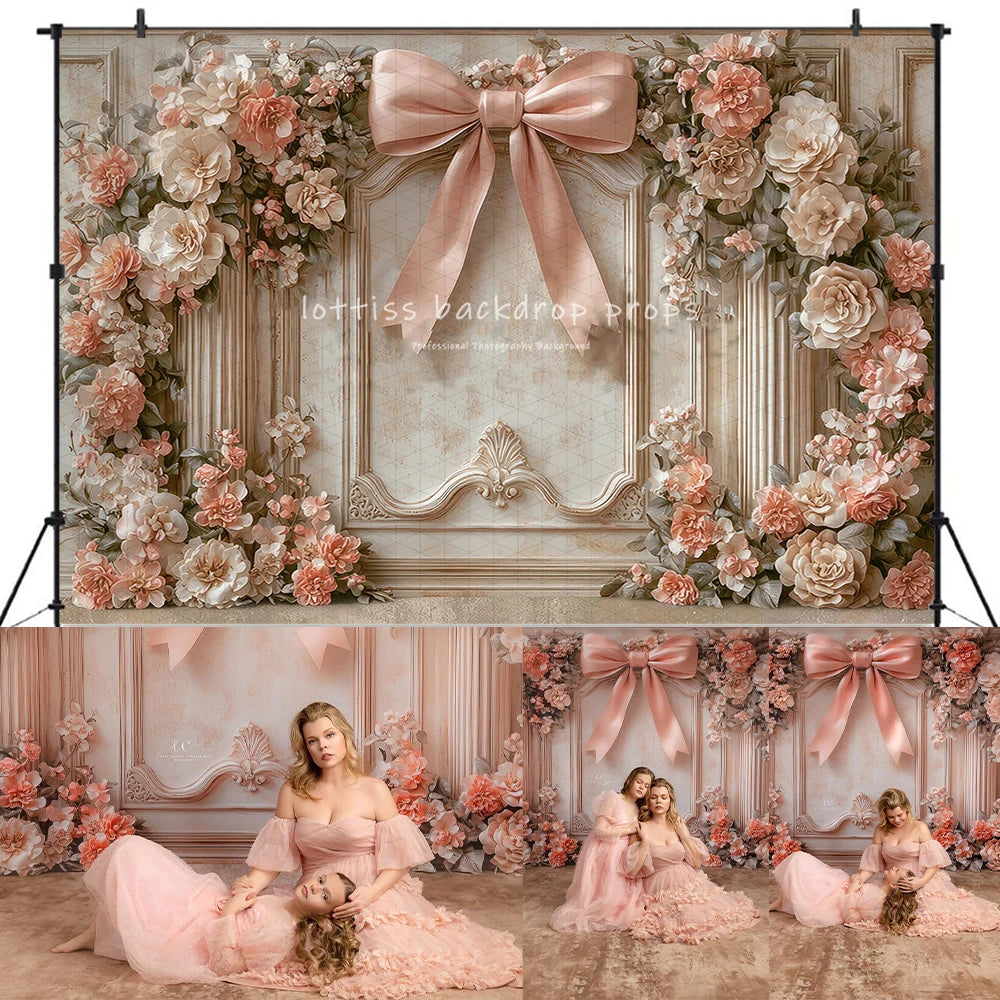 Pink Bowknot Classic Retro Wall Backdrops Kids Pregnant Photography Child Baby Photocall Floral Rose Artistic Wall Backgrounds