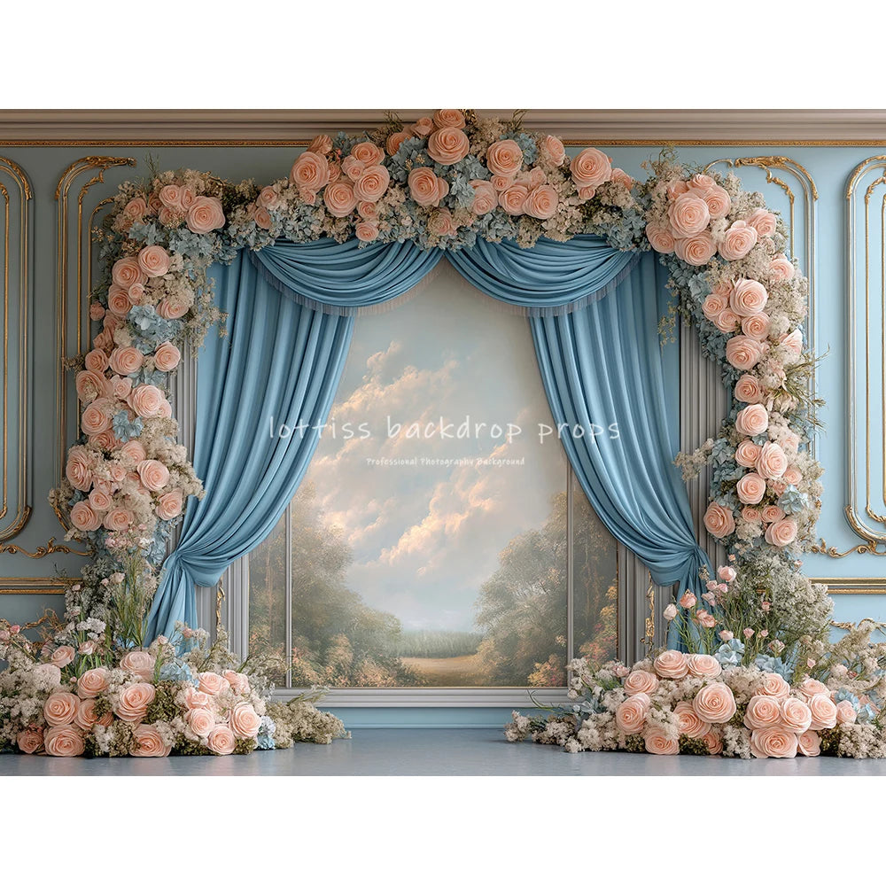 Realistic Oil Painting Of An Arch With Blue Satin Backdrops Kids Adult Photography Child Baby Woman Pregnant Backgrounds