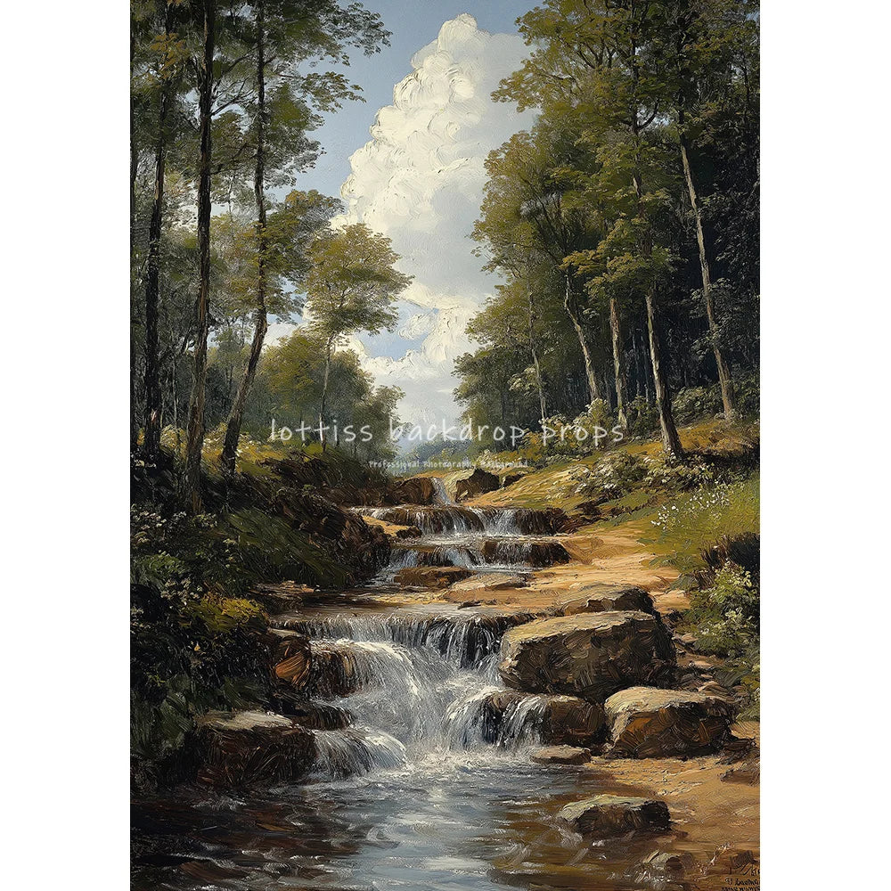 Countryside Stream Village Backdrops Scenery Oil Painting Photography Backdrops Trees Kids Adult Photocall Wedding Backgrounds
