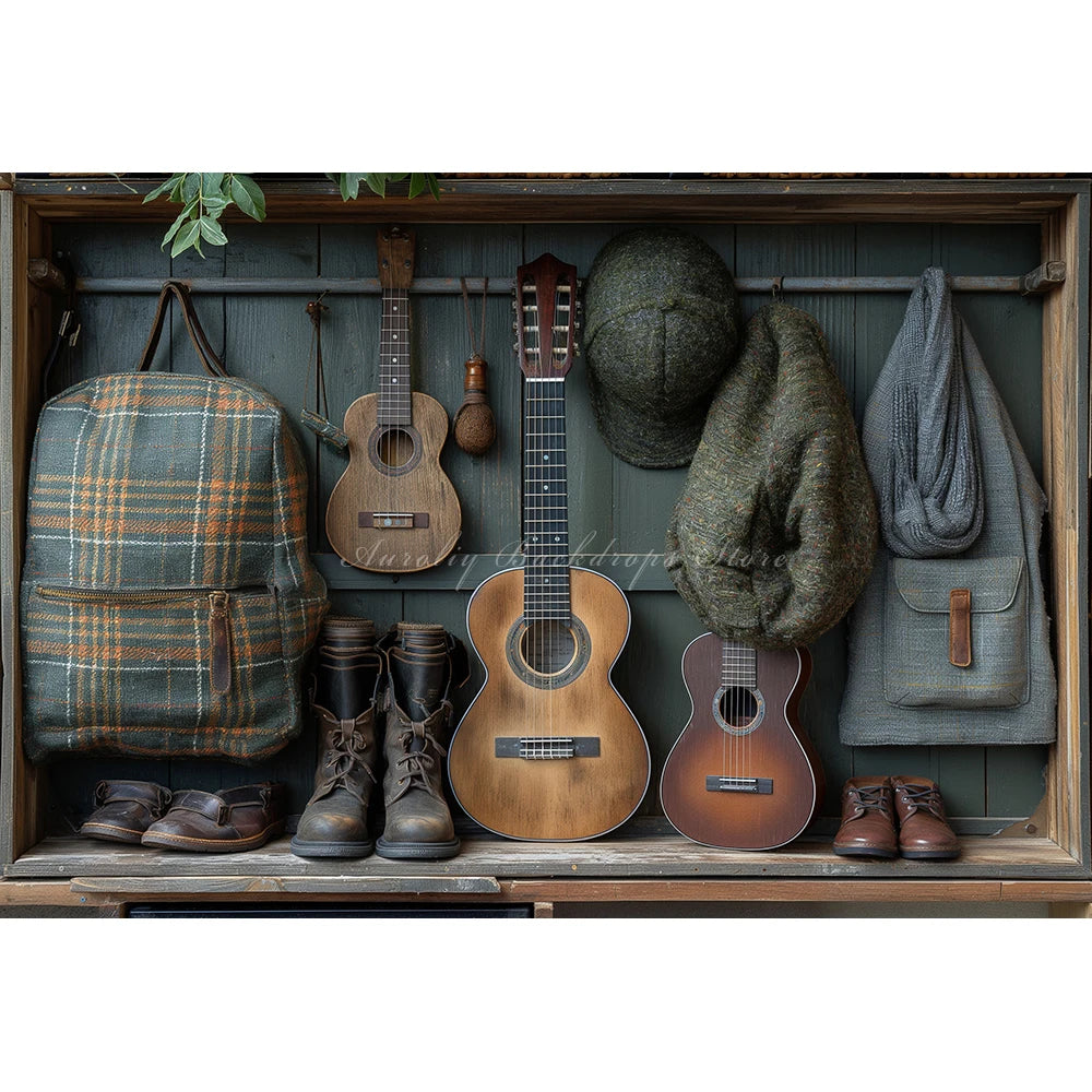 Travel Map and Guitar Photography Backdrop Kids Baby Party Decors Shoes and Bags Child Adult Photo Studio Backgrounds
