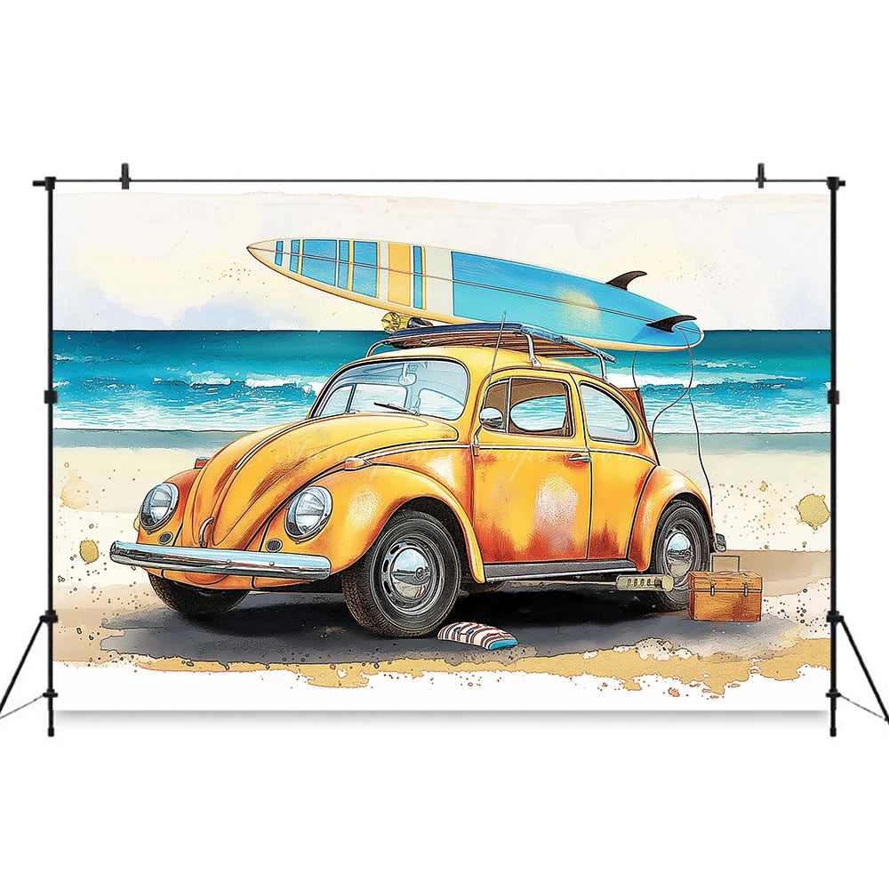 Yellow Car with Surfboard Backdrop Kids Baby Cake Smash Photography Props Summer Beach Child Adult Birthday Studio Backgrounds