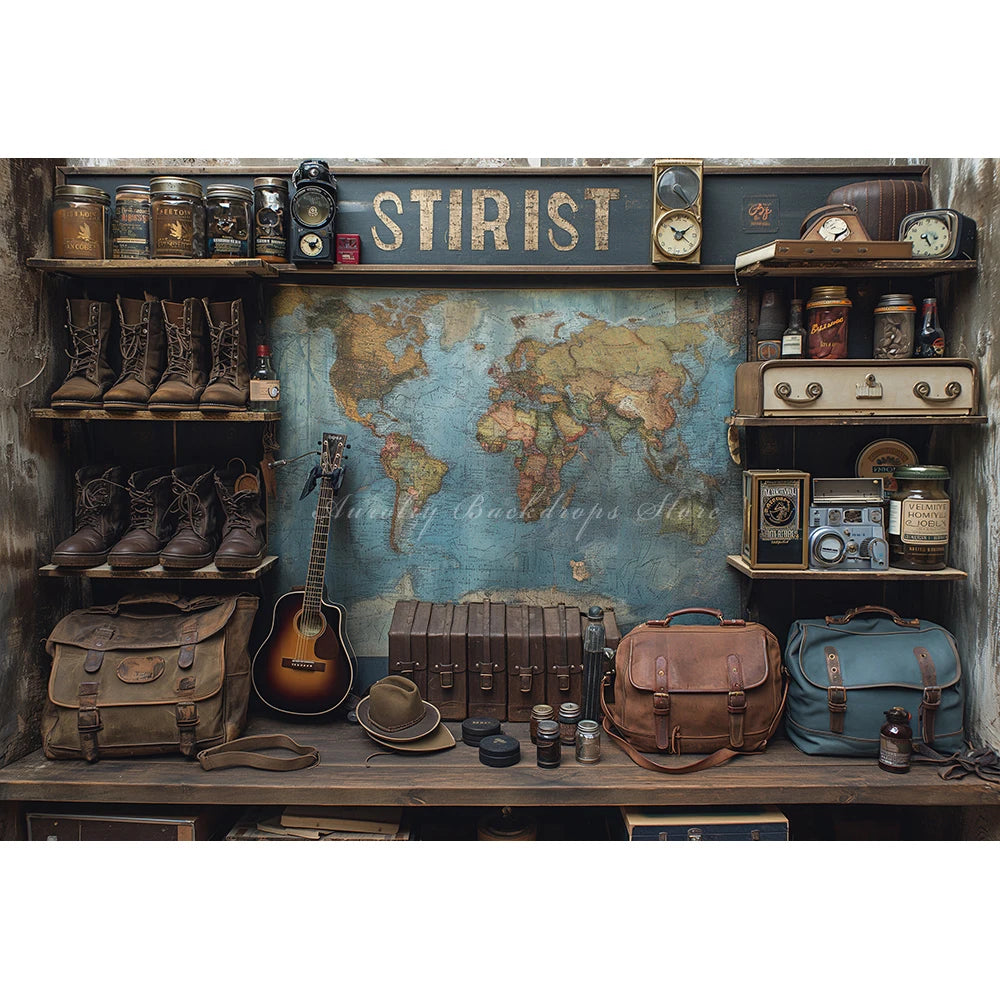 Travel Map and Guitar Photography Backdrop Kids Baby Party Decors Shoes and Bags Child Adult Photo Studio Backgrounds