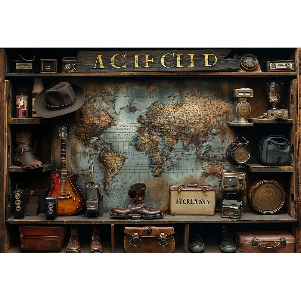 Travel Map and Guitar Photography Backdrop Kids Baby Party Decors Shoes and Bags Child Adult Photo Studio Backgrounds