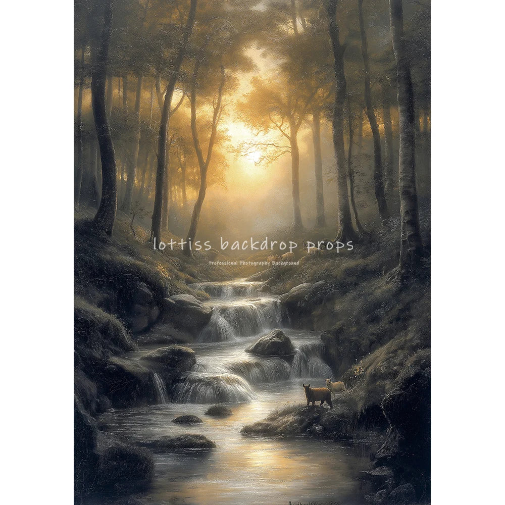 Countryside Stream Village Backdrops Scenery Oil Painting Photography Backdrops Trees Kids Adult Photocall Wedding Backgrounds