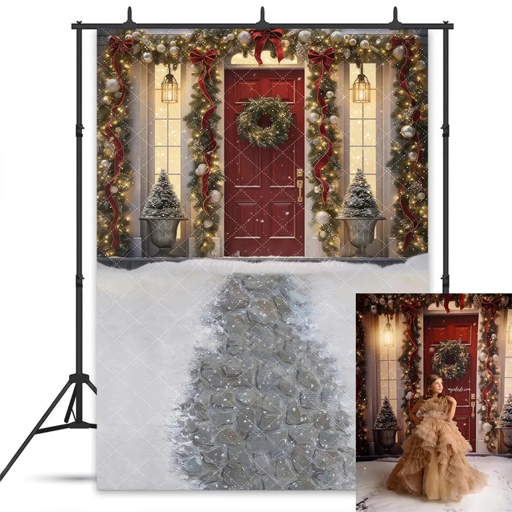 Christmas Red Door Backdrop Winter Snowy Girls Adult Birthday Studio Backgrounds Kids Baby Cake Smash Photography Props