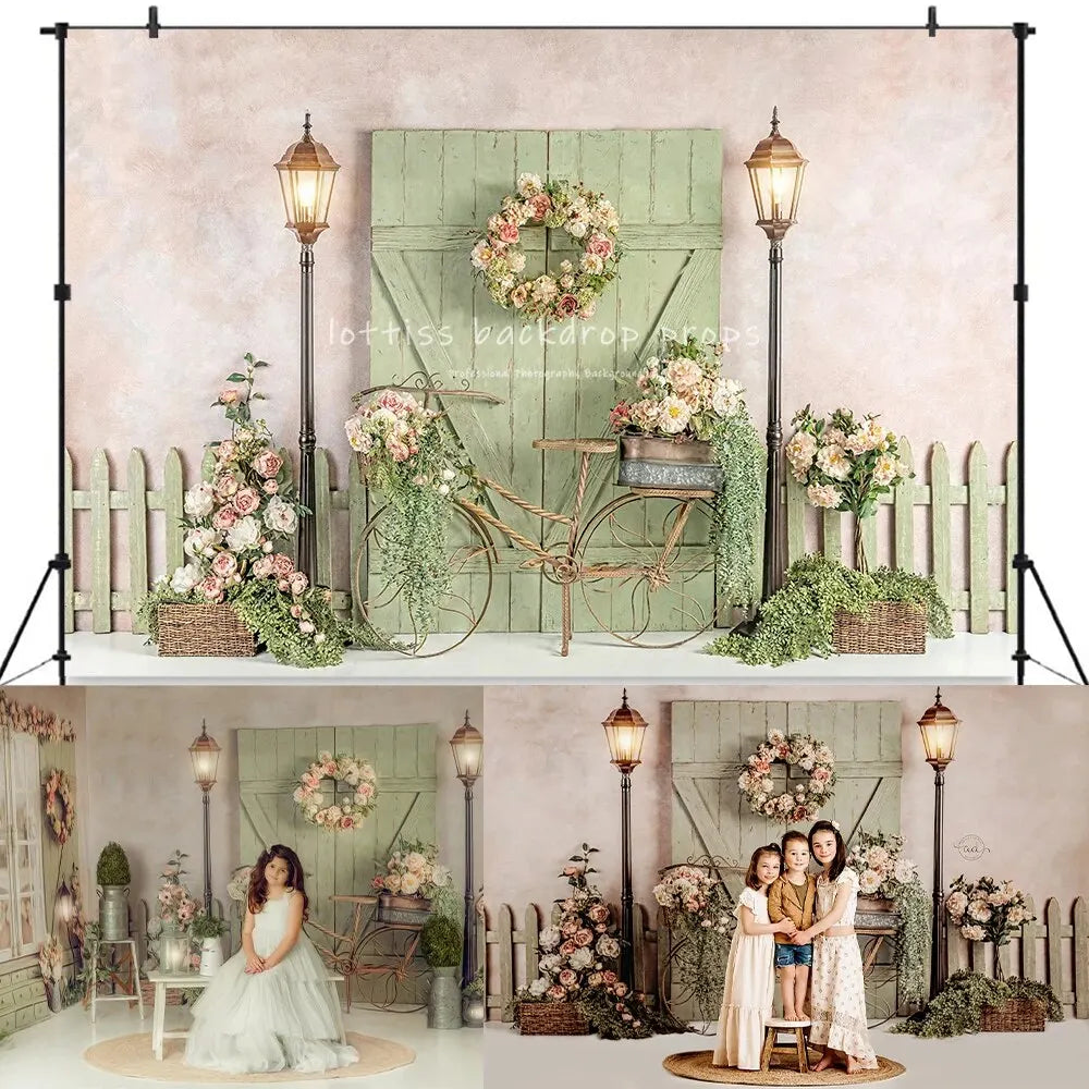 Spring Garden Backdrops Kids Girl Photography Child Baby Photocall Rose Floral Windows Wooden Door Backgrounds