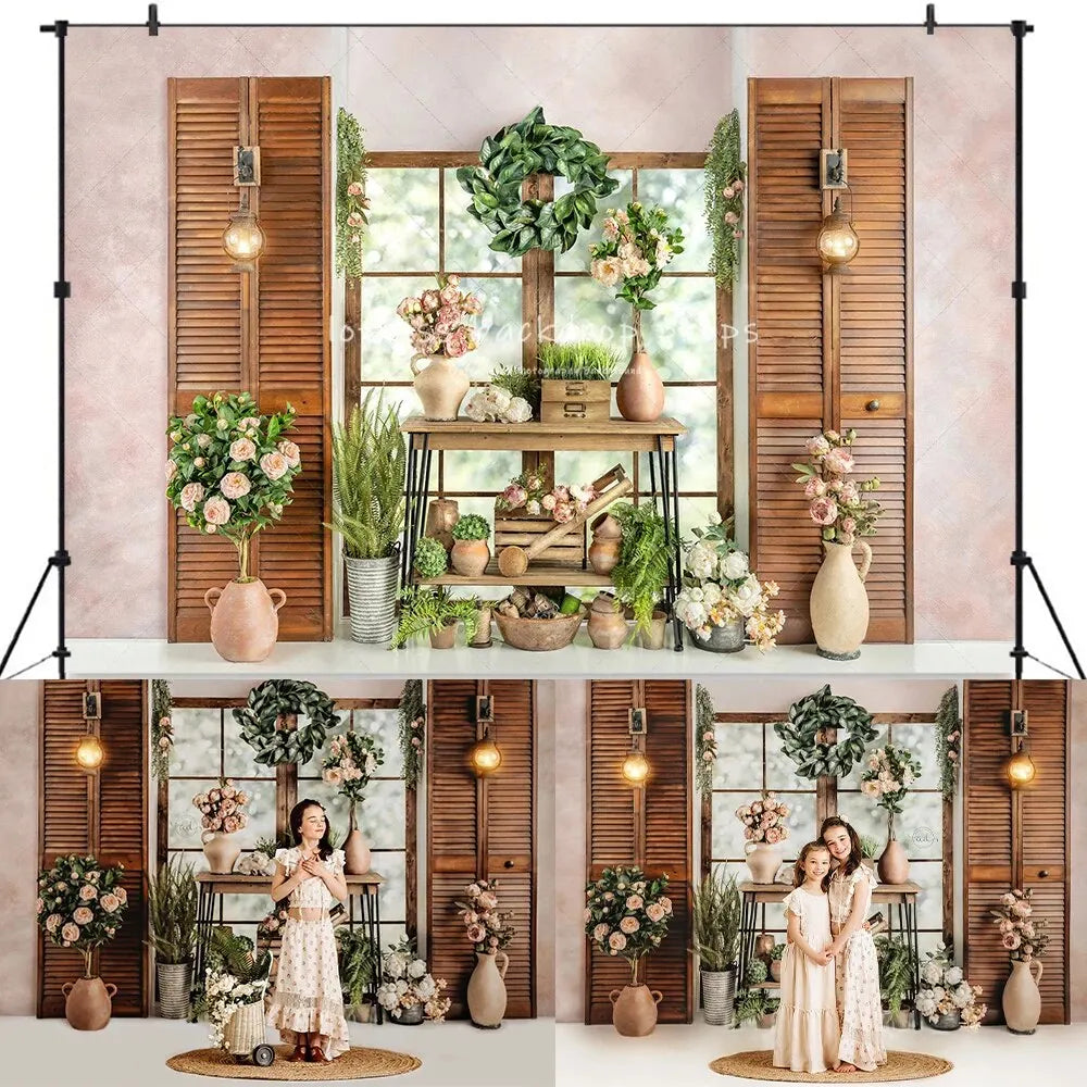 Spring Garden Backdrops Kids Girl Photography Child Baby Photocall Rose Floral Windows Wooden Door Backgrounds