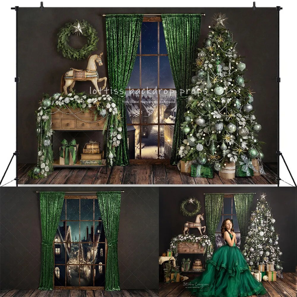 Cheerful Festivity Xmas Fireplace Backdrops Adult Portrait Kids Girl Photocall Green Window Living Room Background