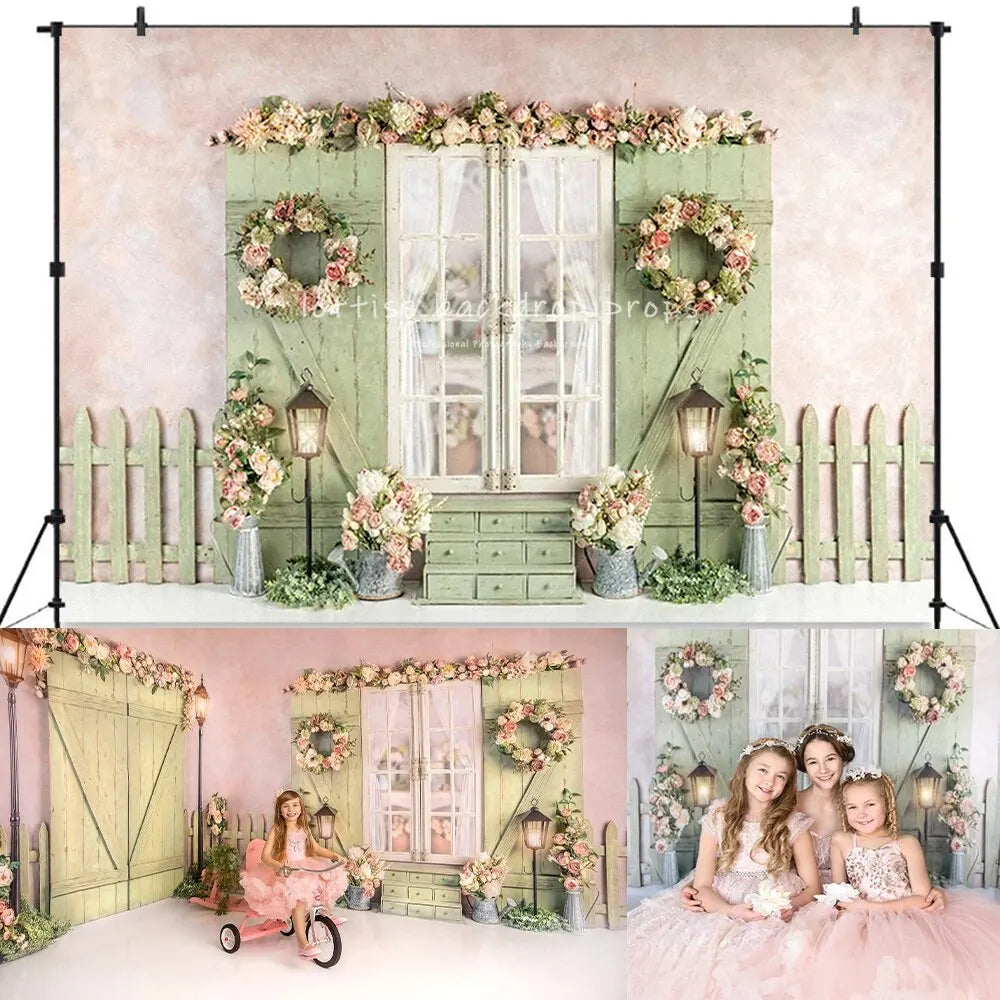 Spring Garden Backdrops Kids Girl Photography Child Baby Photocall Rose Floral Windows Wooden Door Backgrounds