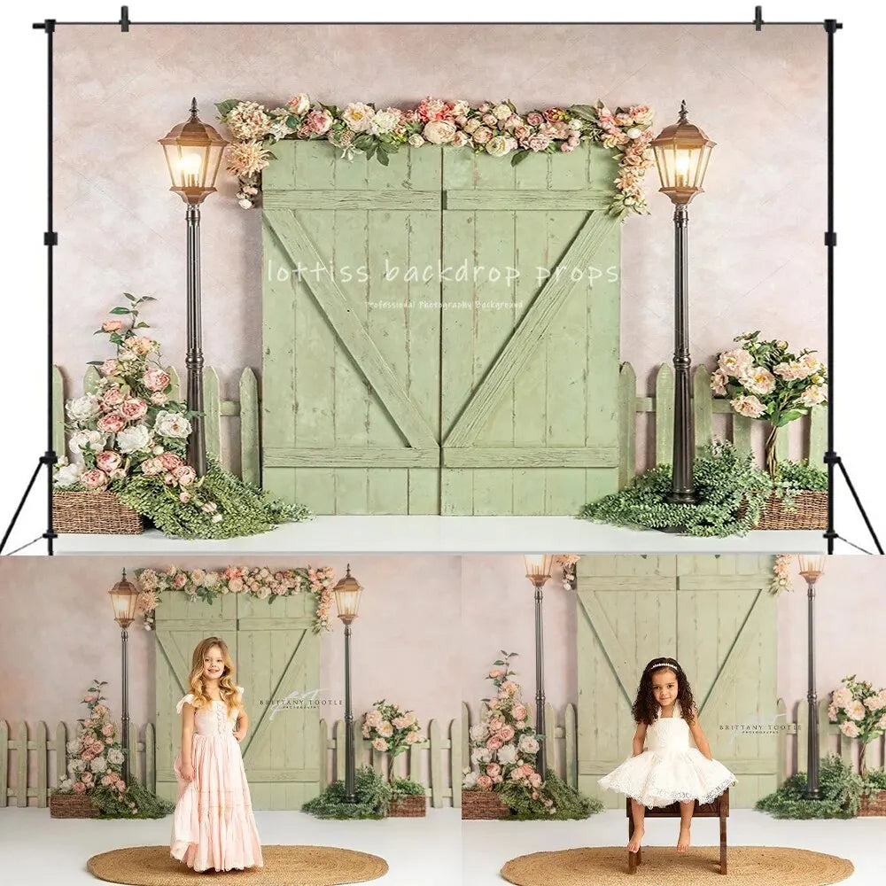 Spring Garden Backdrops Kids Girl Photography Child Baby Photocall Rose Floral Windows Wooden Door Backgrounds