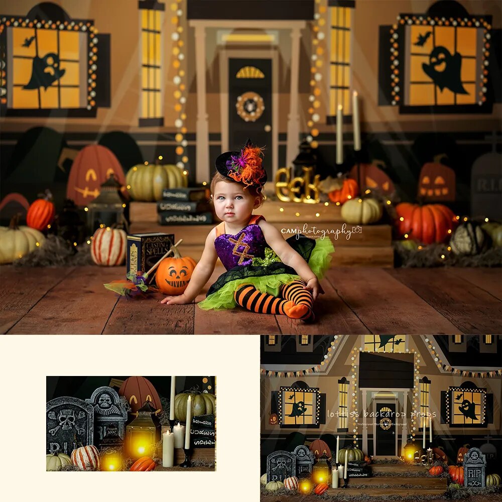 Arrière-plan de maison hantée d'halloween, accessoires de photographie pour enfants et bébés, décors de fête d'anniversaire pour adultes, arrière-plan de lanterne citrouille d'automne 