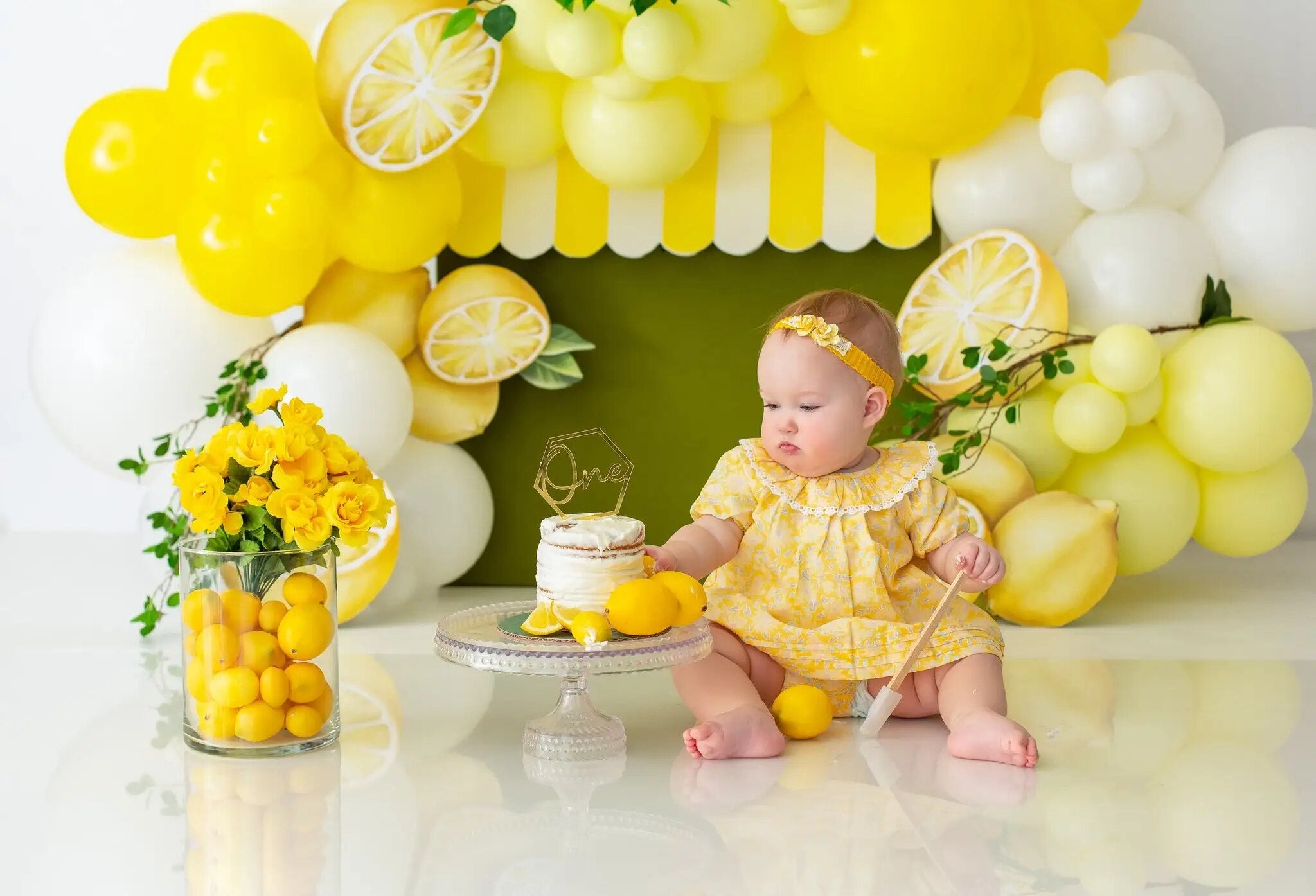 Arrière-plan d'été citrons brillants, accessoires de photographie de Portrait de bébés et d'enfants, arrière-plan de studio photo de 1er anniversaire, gâteau Smash 