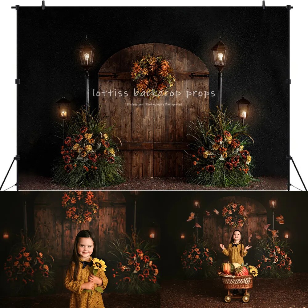 Autumn Harvest Farm Door Backdrops Kids Adult Photocall Props Child Baby Birthday Photography Decors Fall Barn Background