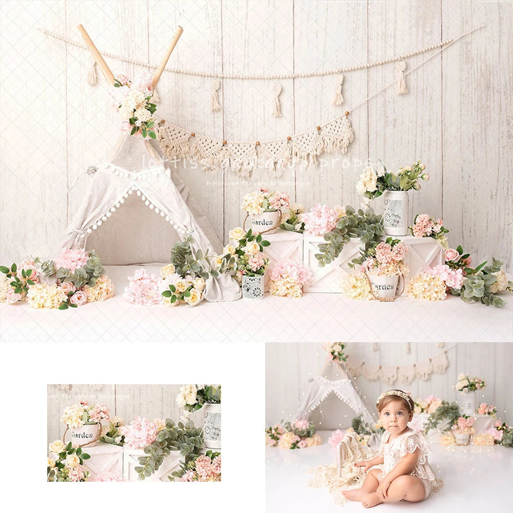 Spring Boho Garden Chic Backdrops Kids Baby Cake Smash Backdrops Child Newborn Photocall Pink Floral Tent Photocall Backgrounds