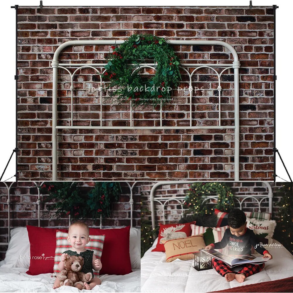 Arrière-plan de tête de lit couronne de noël, accessoires de photographie pour enfants et adultes, décors de séance photo pour bébés et adultes, arrière-plan de lit mural en brique de noël 