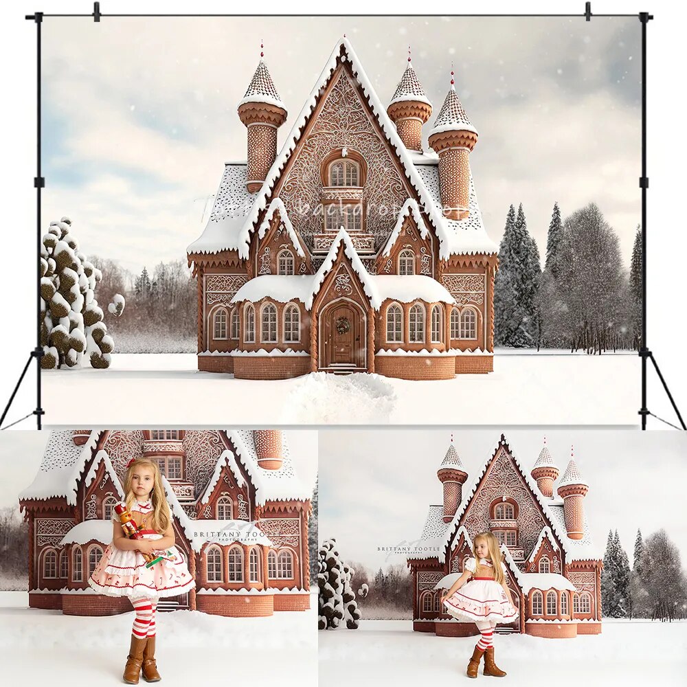 Gingerbread Home Backdrops Kids Girl Photography Props Child Baby Adult Xmas Snowy House Front Background