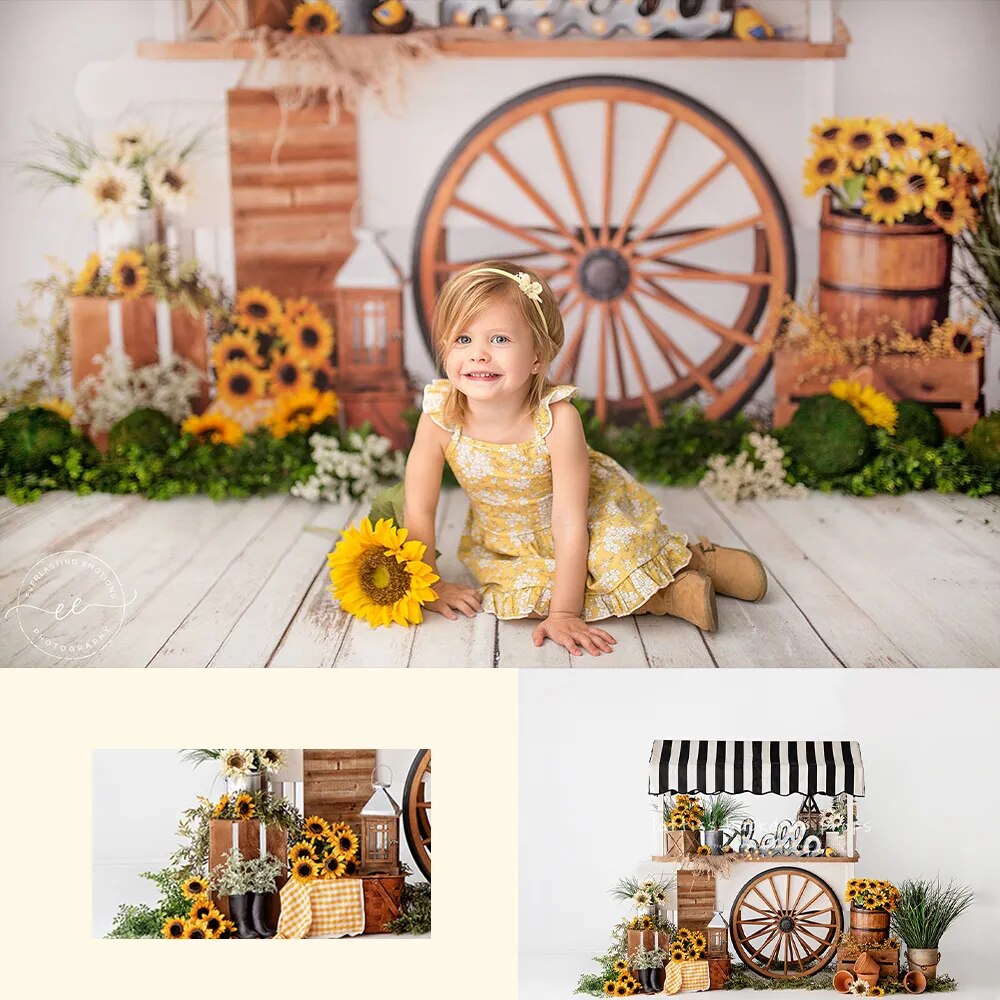 Sunflower Cart Garden Backdrops Kids Cake Smash Props Child Baby Photography Floral Stand Adult Photocall Spring Background