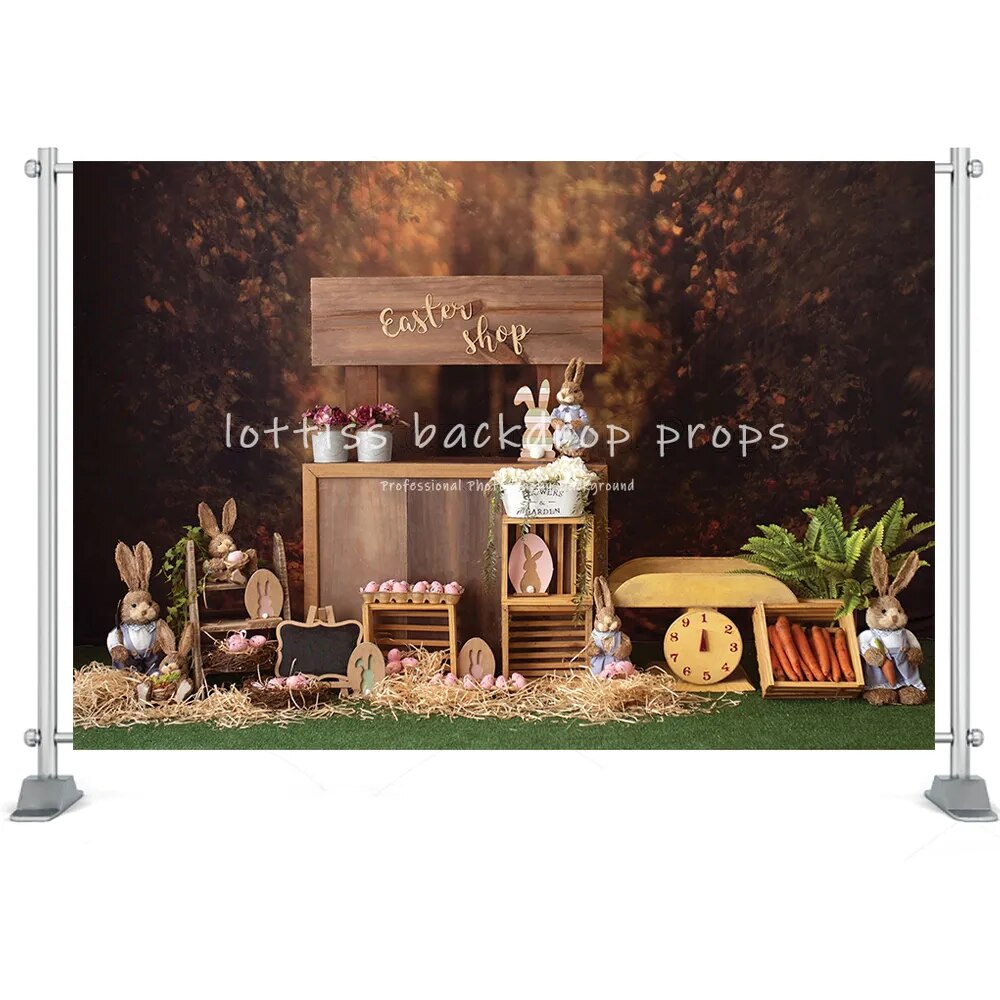 Easter Photography Backdrop Cake Smash Bunny Wooden Board Wall Grass Flowers Easter Eggs Kids Portrait Photo Backdground