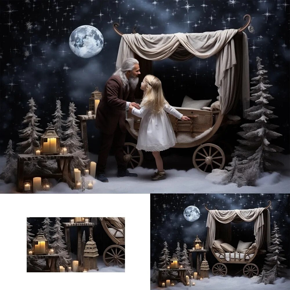 Winter Baby Stroller Backdrops Kids Baby Photography Props Child Girl Photocall Xmas Snowy Forest Big Moon Background