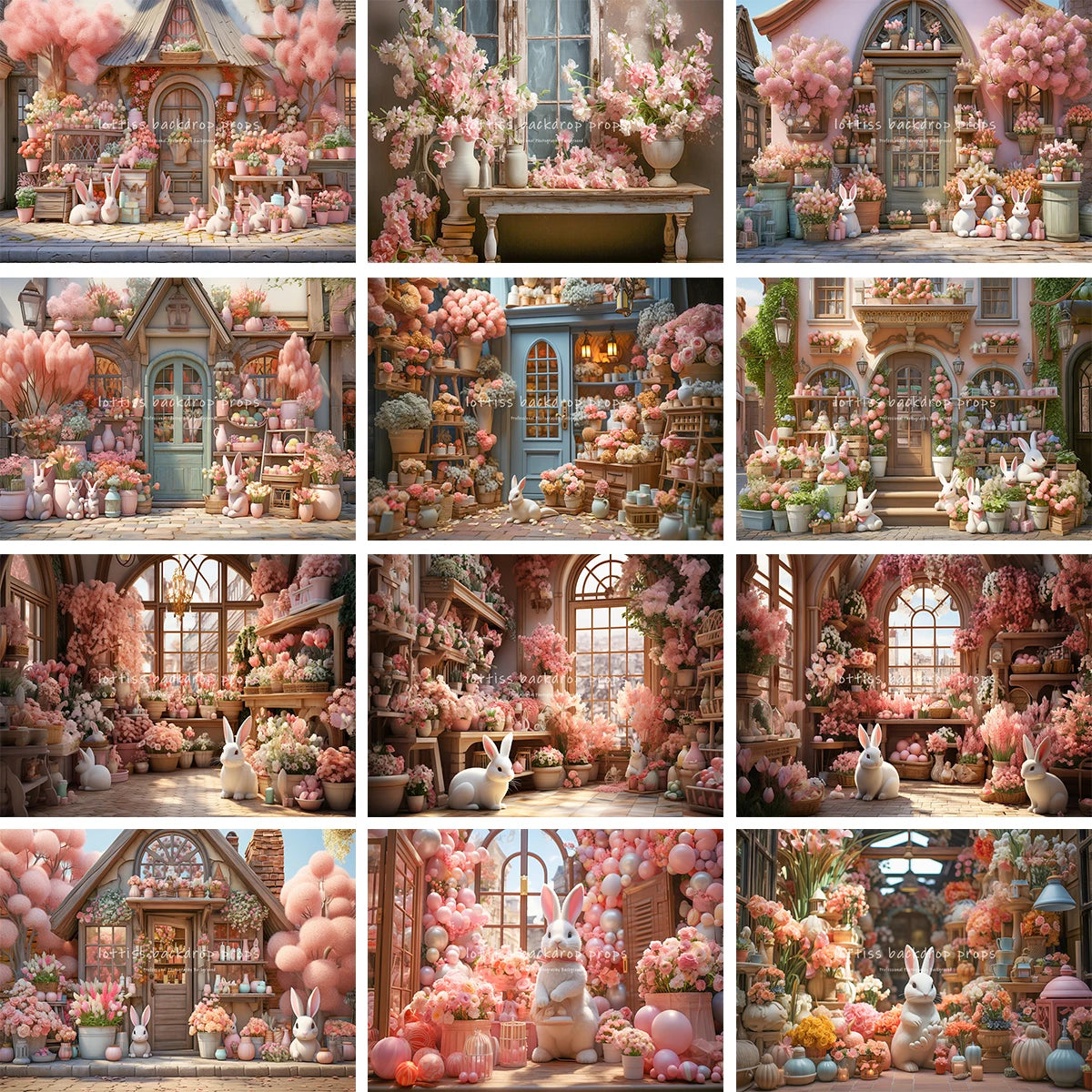 Easter Bunny House Backdrops Kids Baby Photography Child Adult Photocall Decors Spring Windows Floral House Front Backgrounds