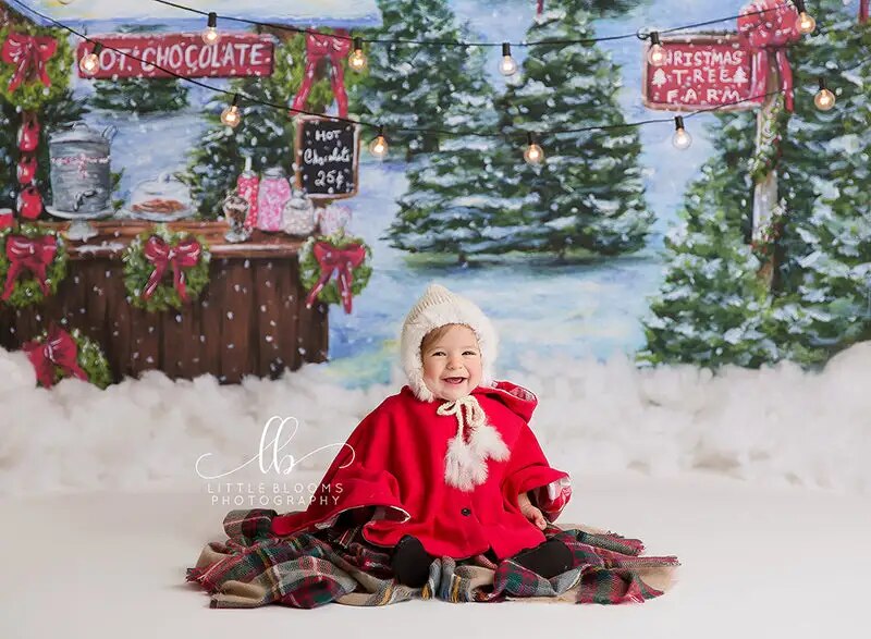 Support de chocolat chaud, arrière-plan de noël pour enfants et adultes, photographie d'hiver, décor de gâteau d'anniversaire pour bébé, arrière-plan de forêt de noël