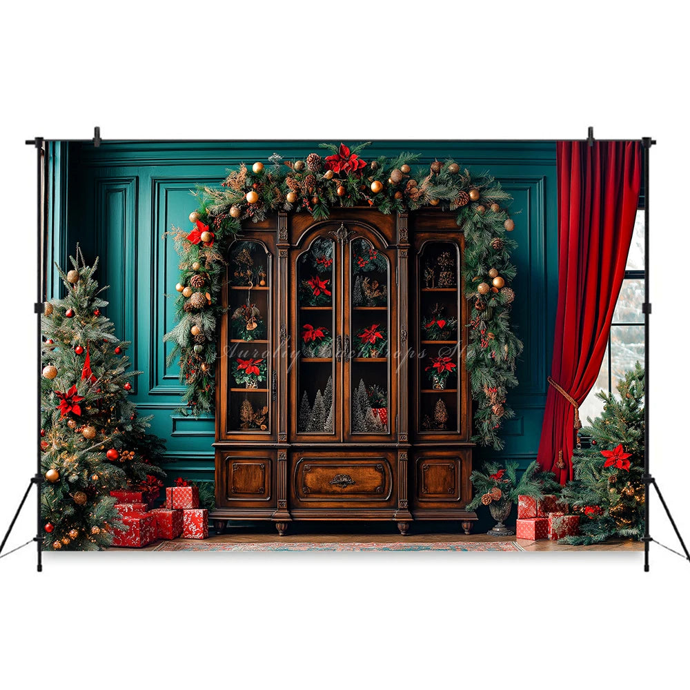 Large Cabinet With Christmas Decorations Photo Backdrop Kids Baby Cake Smash Photography Props Family Party Photocall Background