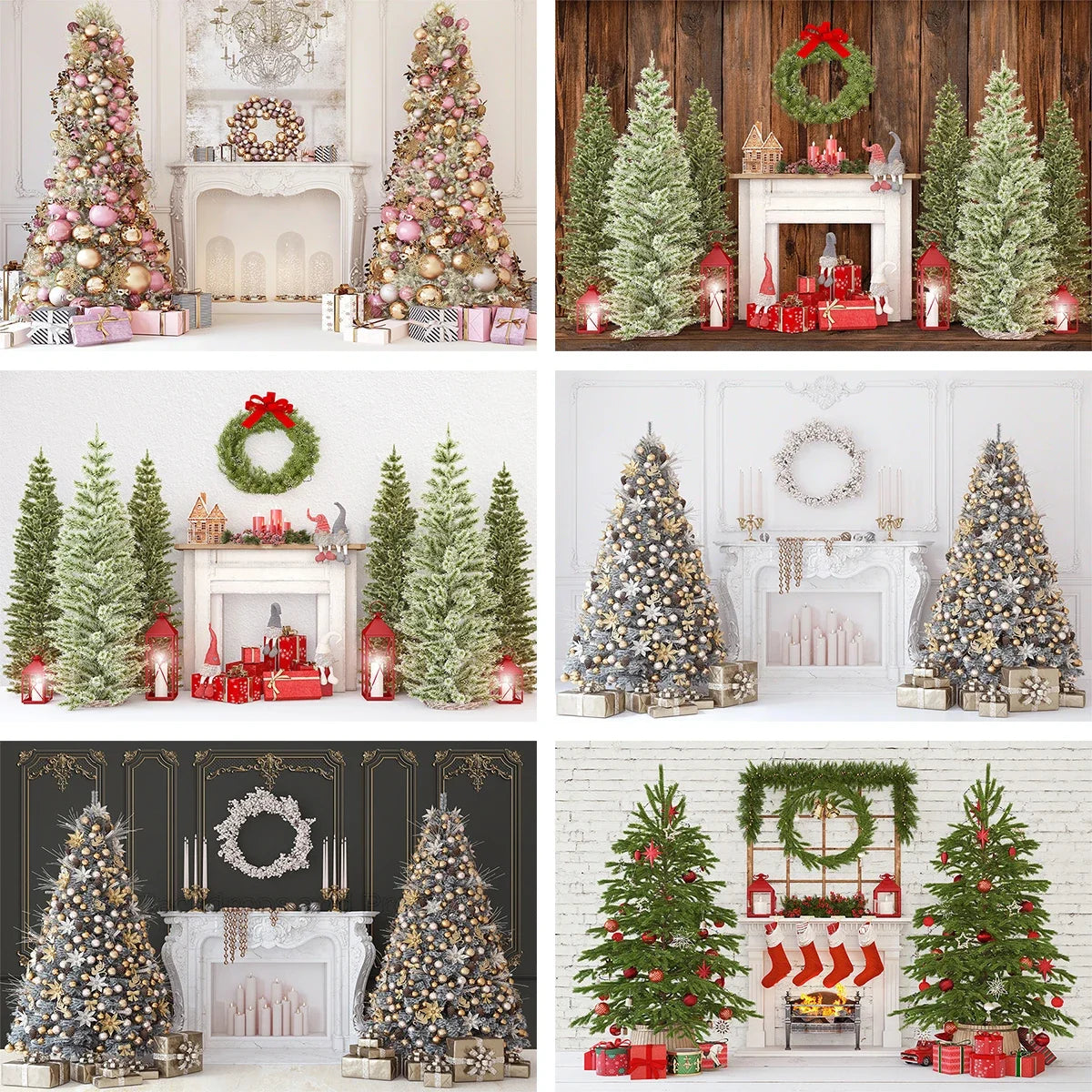 Christmas Background Winter Fireplace Xmas Tree Reindeer Toys Decor Family Baby Child Portrait Photography Backdrop Props