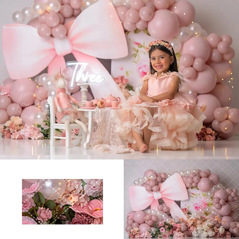 Pink Pearls and Bow Photography Backdrop Balloon Arch Kids Baby Cake Smash Photocall Decors Child Girl Birthday Party Background