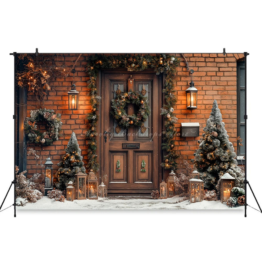 Christmas Photo Backdrop Wooden Barn Door With Fancy Trees Baby Kids Portrait Family Party Photocall Photograhy Background