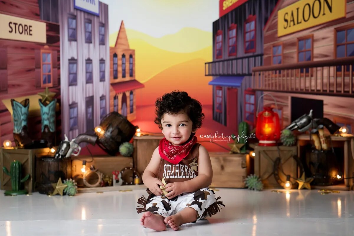 Cowboy West Backdrops Kids Photocall Cake Smash Props Children Baby Boy Birthday Party Decors Background Photostudio