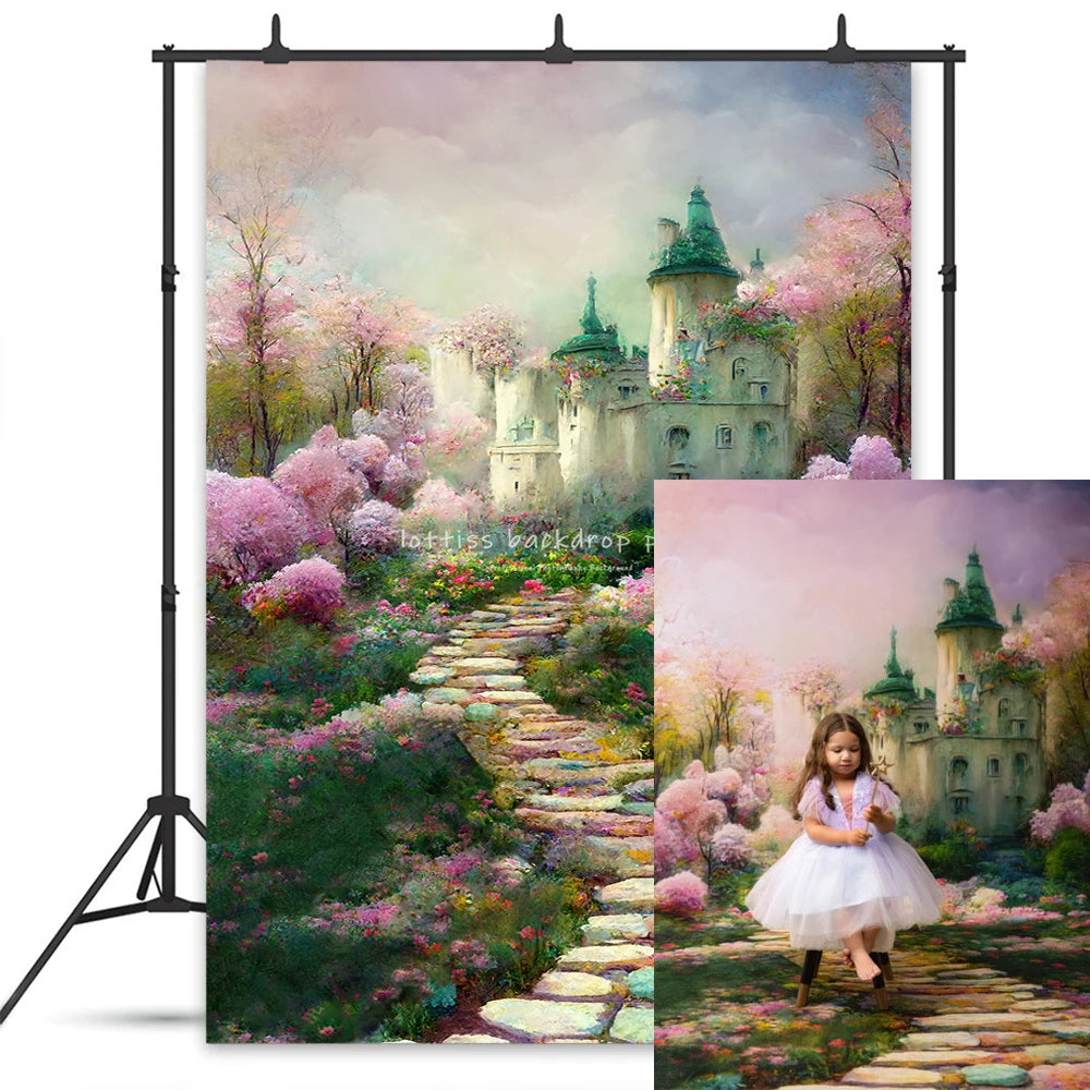 Spring Castle Backdrops Kids Baby Photography Props Child Adult Birthday  Photocall Decors Pink Floral Garden Gate Backgrounds