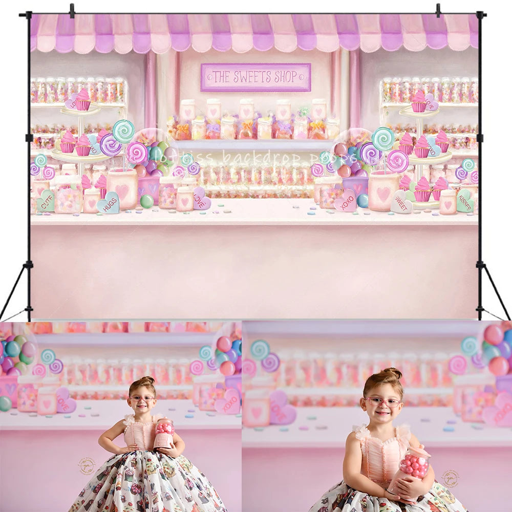 Little Sweet Shop Valentine’s Day Backdrops Kids Girl Photocall Decor Child Adult Photocall Pink Store Valentine Background