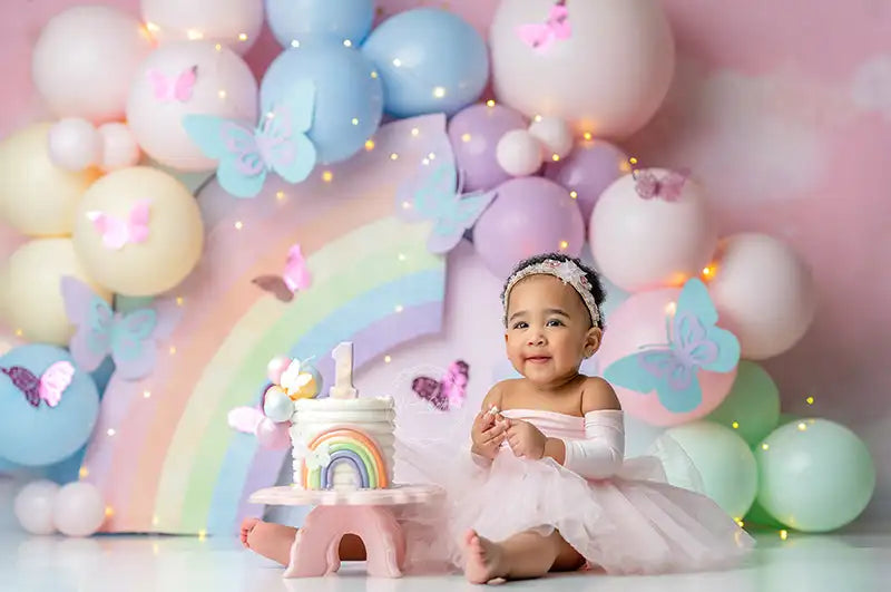 Pastel Rainbow Birthday Backdrop Kids Baby Cake Smash Photocall Decors Balloon Arch Child Girls Photography Backgrounds