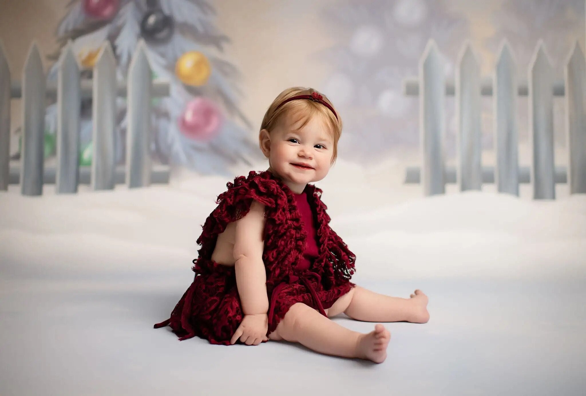 Arrière-plan d'arbres de noël enneigés d'hiver, pour séance photo d'enfants, Portrait de bébé, photographie de vacances de noël, arrière-plan de neige saupoudré 