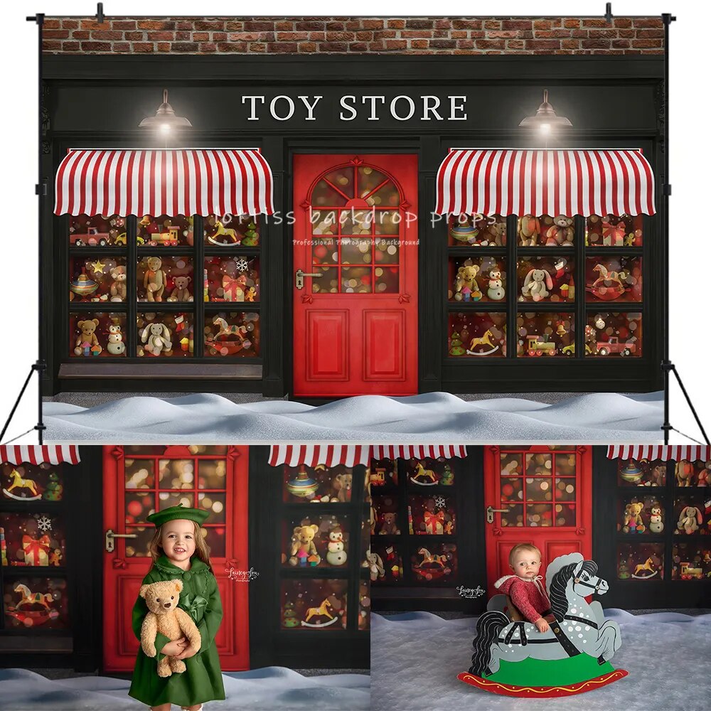 Vintage Christmas Storefronts Backdrop Kids Adult Photography Child Baby Birthday Cake Smash Props Snowy Toy Street Background