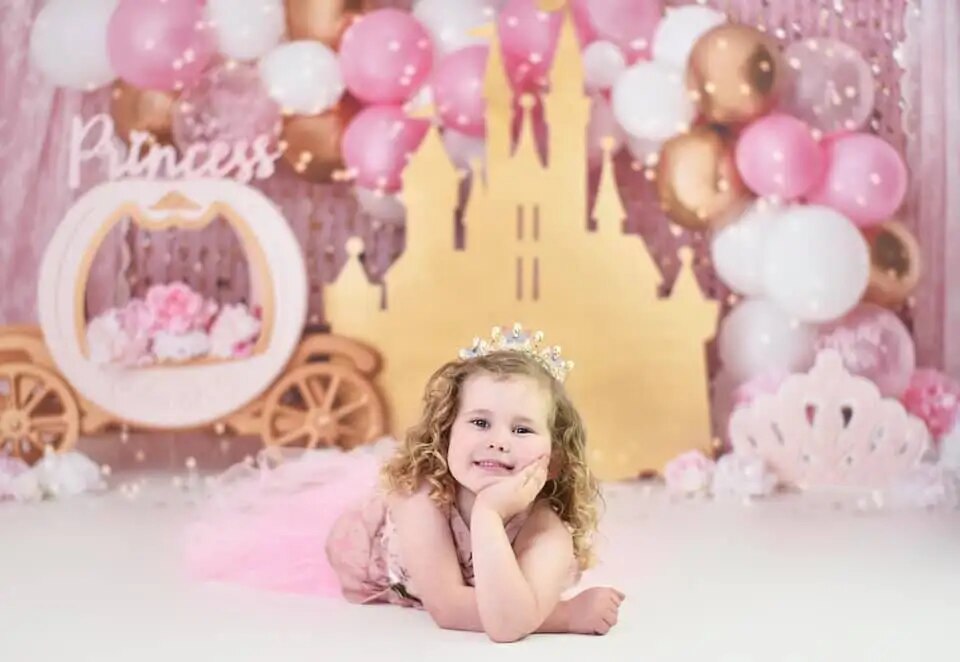 Gold Castle Pink Curtain Backdrops Kids Cake Smash Props Baby 1st Birthday Decors Balloons Child Girl Photography Background