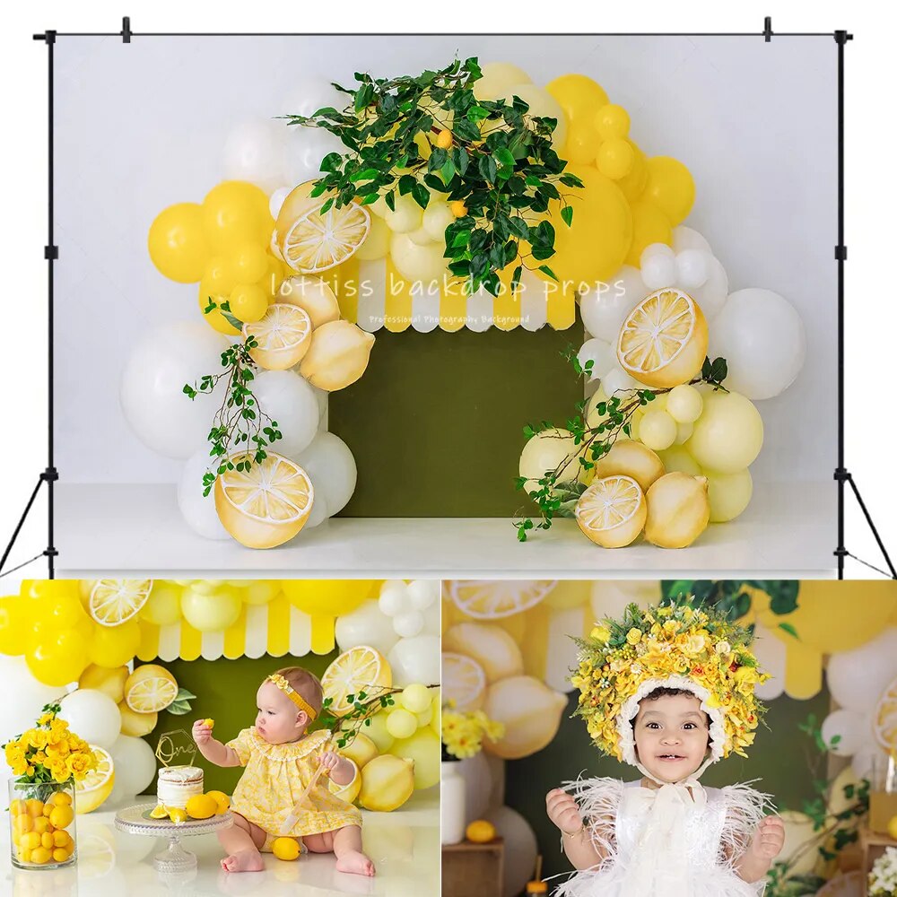 Arrière-plan d'été citrons brillants, accessoires de photographie de Portrait de bébés et d'enfants, arrière-plan de studio photo de 1er anniversaire, gâteau Smash 