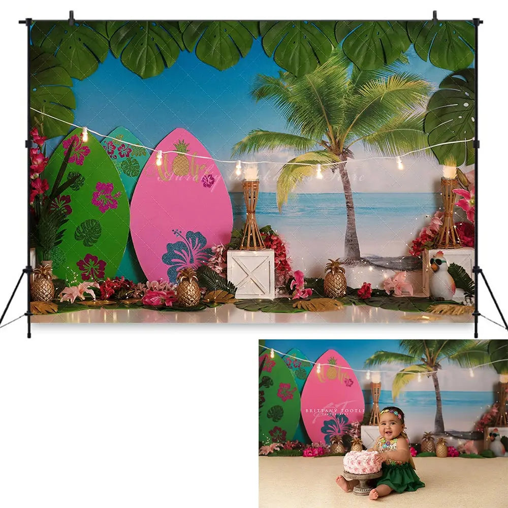 Summer Seaside Plam Trees Backdrop Kids Baby Cake Smash Photography Props Surfboard Child Girls Adult Birthday Backgrounds