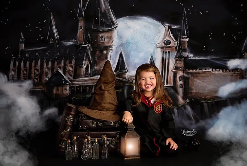 Arrière-plan de photographie de château de la vallée magique, école de sorciers, grande lune, gâteau pour enfants, accessoire Photo d'anniversaire, réception-cadeau pour bébé 