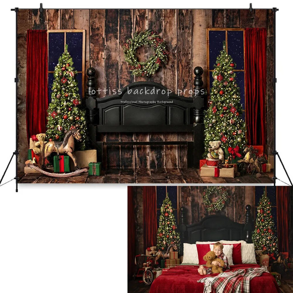 Christmas Headboard Backdrops Girl Kids Portrait Photography Xmas Trees Barn Door Bed Wooden Board Background For Photostudio