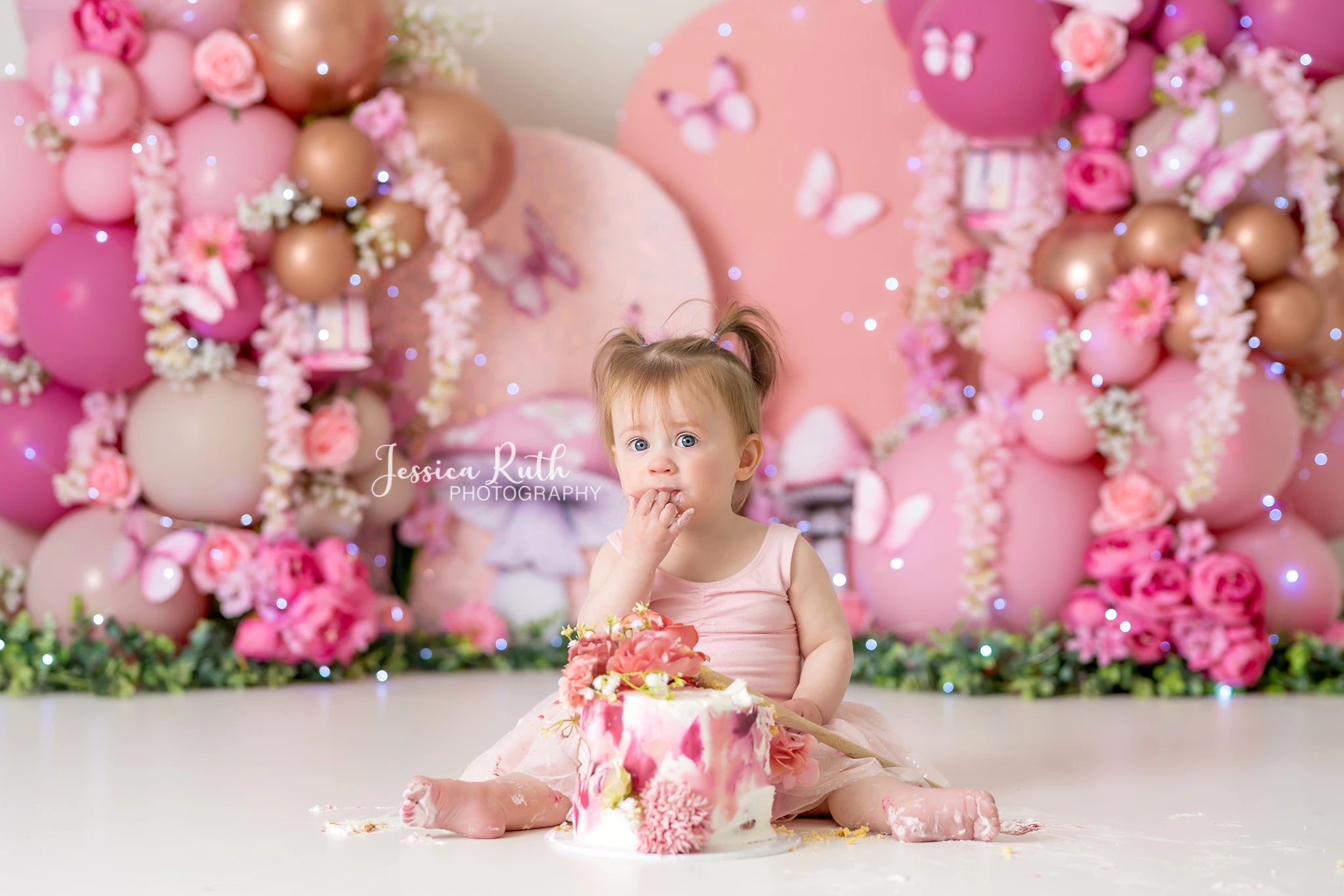 Pink Fairy Balloons Photography Backdrop Butterfly Mushroom Kids Baby Cake Smash Photocall Decors Child Adult Studio Backgrounds