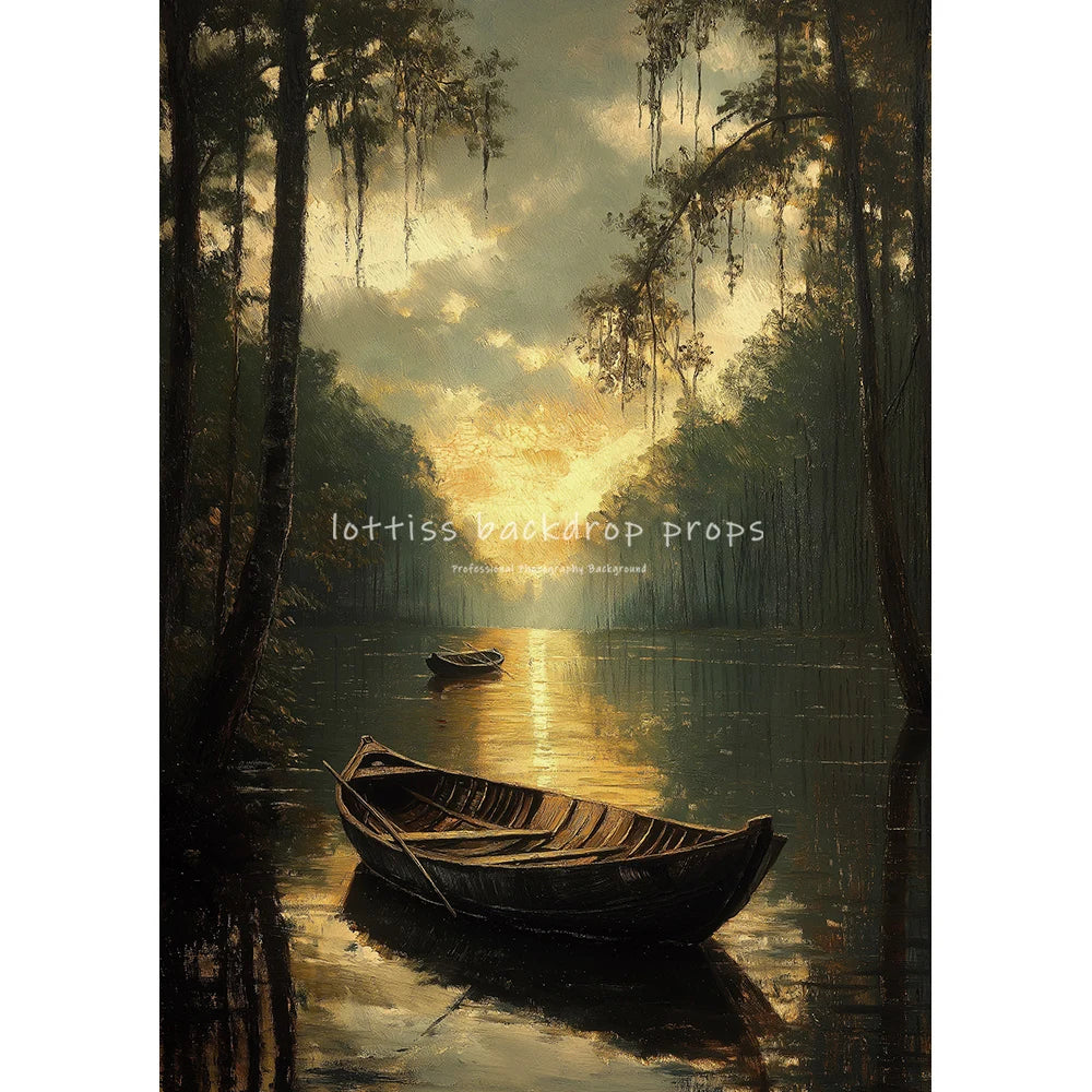 Countryside River Cottage Vintage Scenery Oil Painting Photography Backdrops Kids Adult Photocall Sunset Village Backgrounds