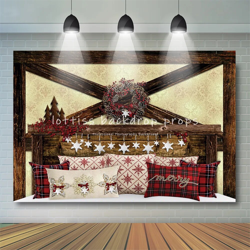 Christmas HeadBoard Photography Backdrop Baby Portrait Photographic Wreath Bed Wooden Wall Decor Family Kids Photo Studio