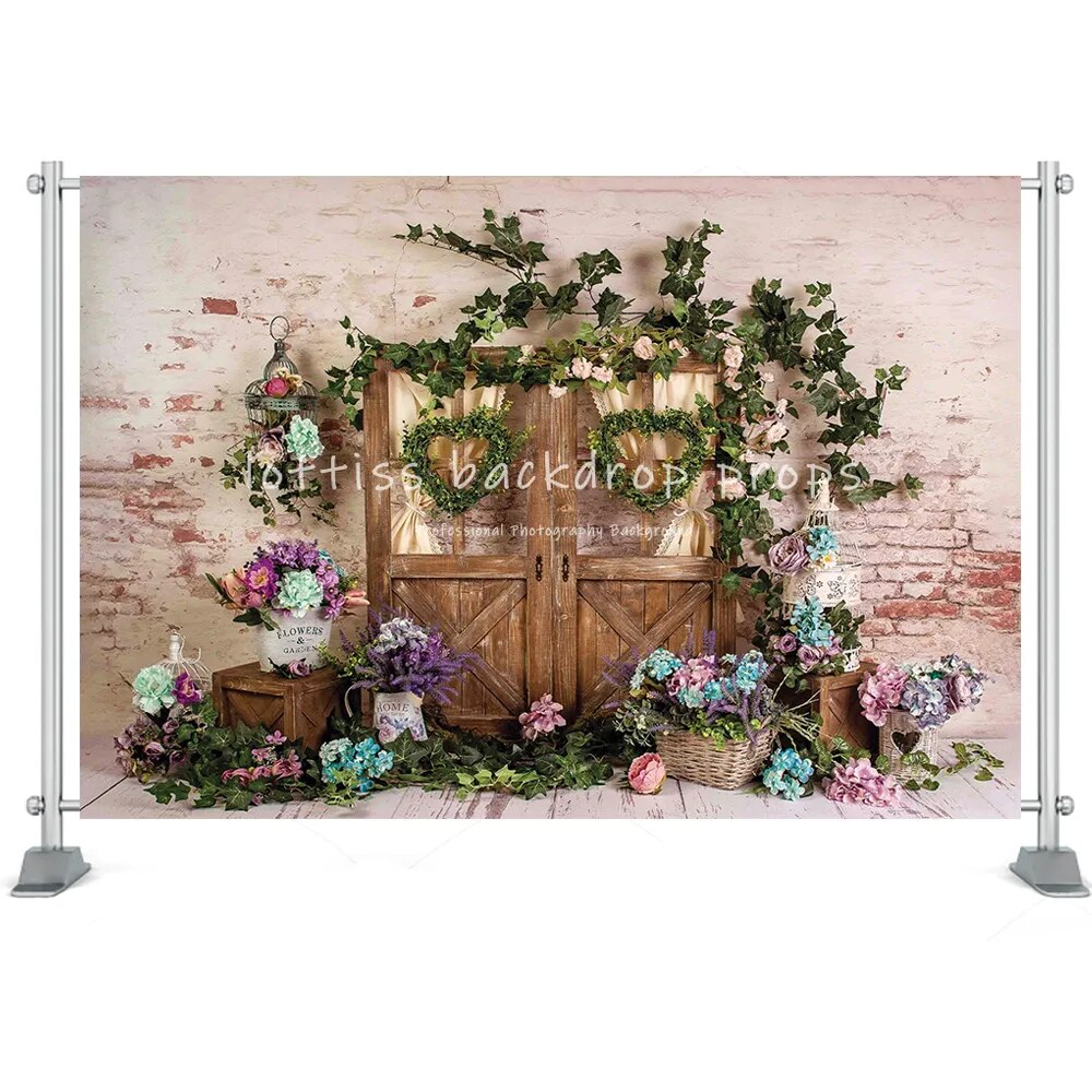 Printemps jardin grange porte photographie toile de fond lapin fleurs fenêtre en bois verdure décorations cheminée pâques arrière-plans accessoires 