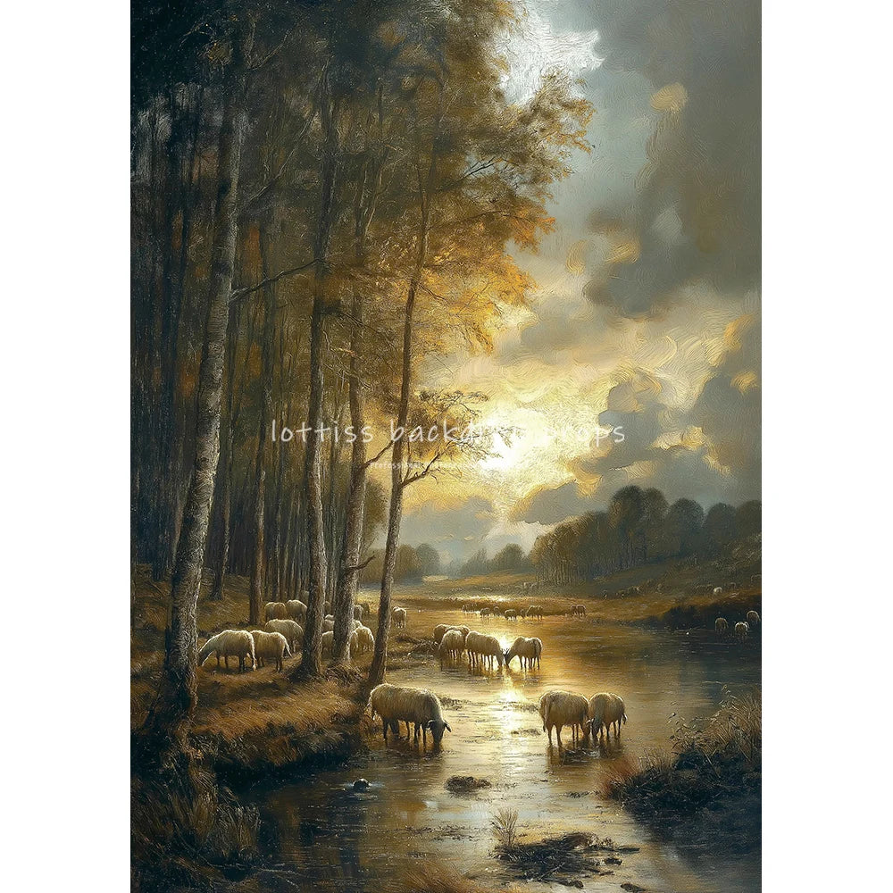 Village Cows Farm River Scenery Oil Painting Photography Backdrops Wedding Kids Adult Photocall Sunset Countryside Backgrounds