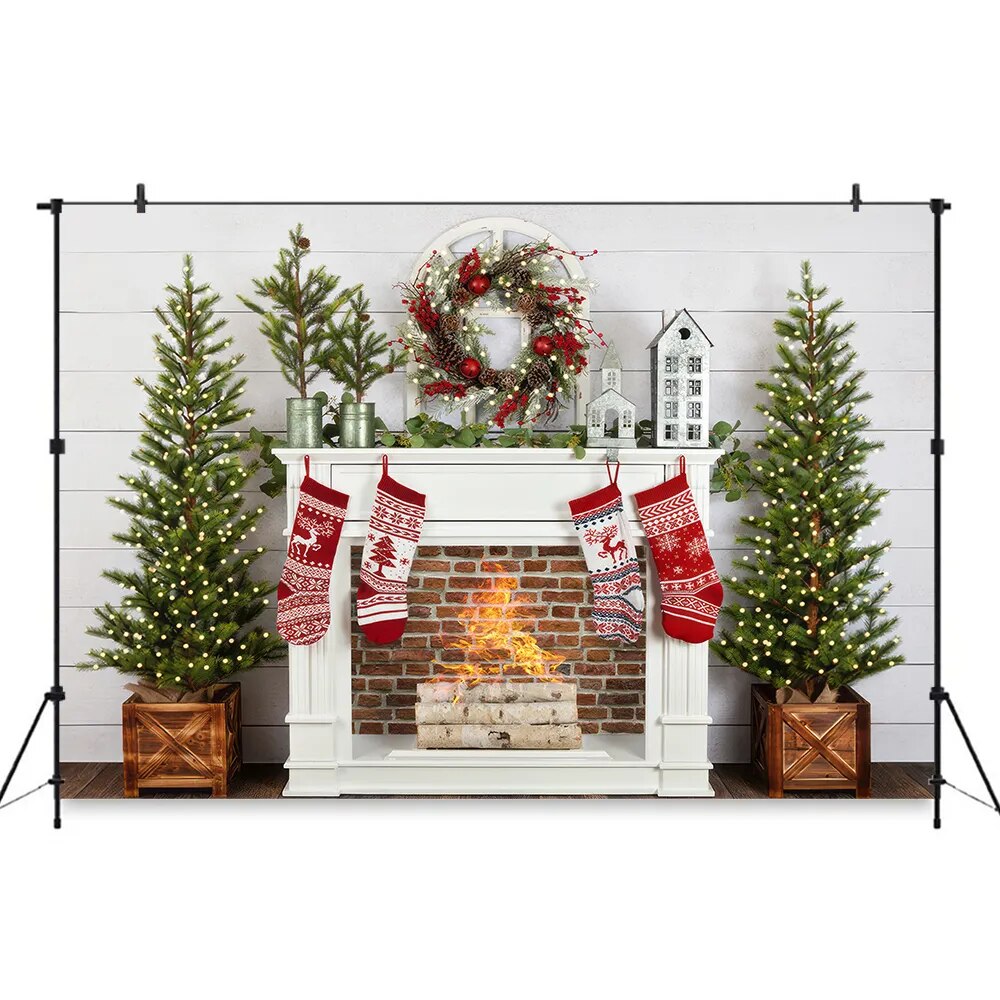 Plaid Christmas Fireplace Backdrops Kids Adult Photography Props Photostudio Xmas Socks Trees Festival Background