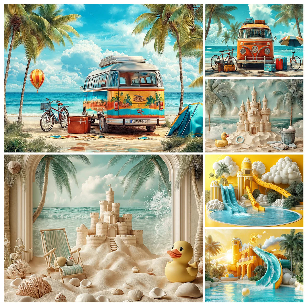 Vintage Van On The Beach Backdrops Kids Adult Birthday Cake Smash Bicycles Umbrellas Decors Palm Trees Summer Backgrounds